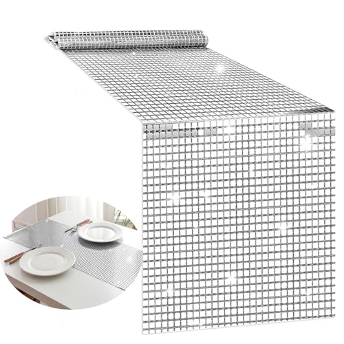 12 x 108 Inches Disco Party Table Runners Silver Glitter Disco Table Runner Cover Decoration Silver Sparkle Sequin Tablecloth for 80s Disco Dance Party Bachelorette Supplies Dance Wedding Decor.