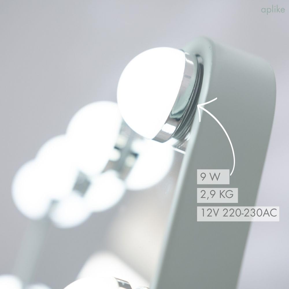 Aplike - Specchio da trucco con luce, specchio da toeletta Hollywood Studio con luce LED regolabile, controllo tattile, rotazione di 360°, basso consumo (acquamarina)