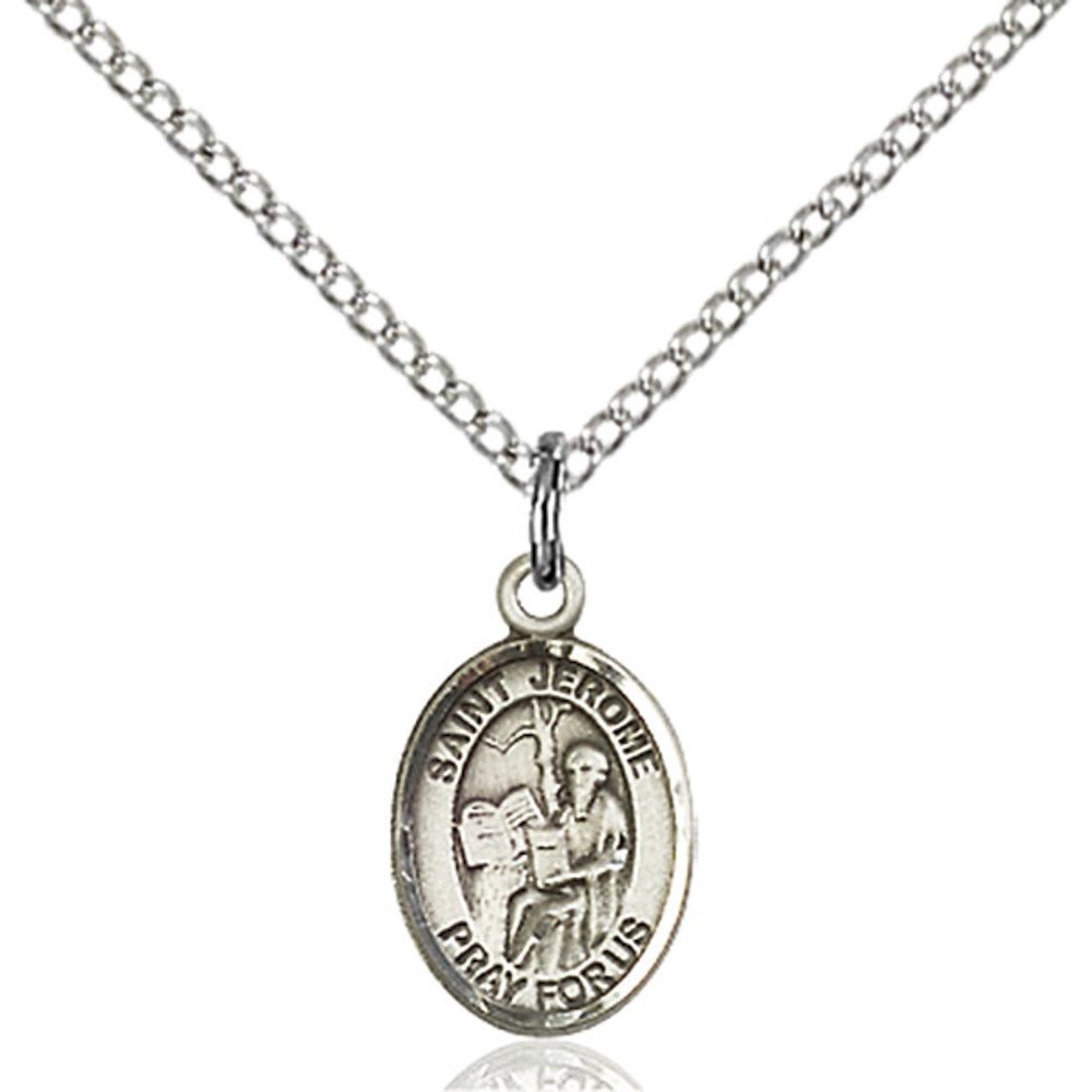 Bonyak Jewelry Saint Medal Collection Sterling Silver St. Jerome Pendant 1/2 x 1/4 inches with Sterling Silver Lite Curb Chain