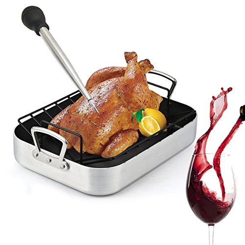 Home Servz Deluxe 304 Stainless Steel Turkey Baster Syringe Injector Needle with Cleaning Brush & Heavy Duty 12 Inch Stainless Steel Handle Silicone BBQ Basting Brush