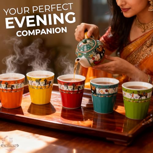 Image of Handcrafted Ceramic Kulhad Tea Cups Set, Handmade Floral Design, Eco-Friendly & Premium Festive Gift for Diwali, Weddings, Home Decor & Special Occasions (Set of 6 - Modern Tribe)