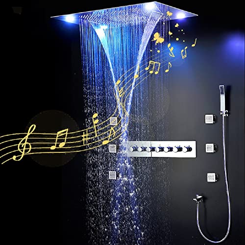 Sistema de ducha Cascada Luxurious Design 23"x31" con LED, altavoz Bluetooth incorporado y 6 funciones (Lluvia, Cascada, Cortina, Neblina, Jets de cuerpo y ducha de mano) en acabado dorado cepillado miniatura 5