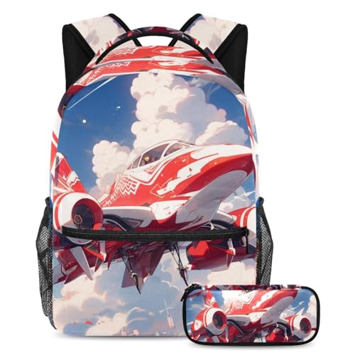 Cartable avion rouge avec trousse pour garçon et fille de taille 29x20x40cm