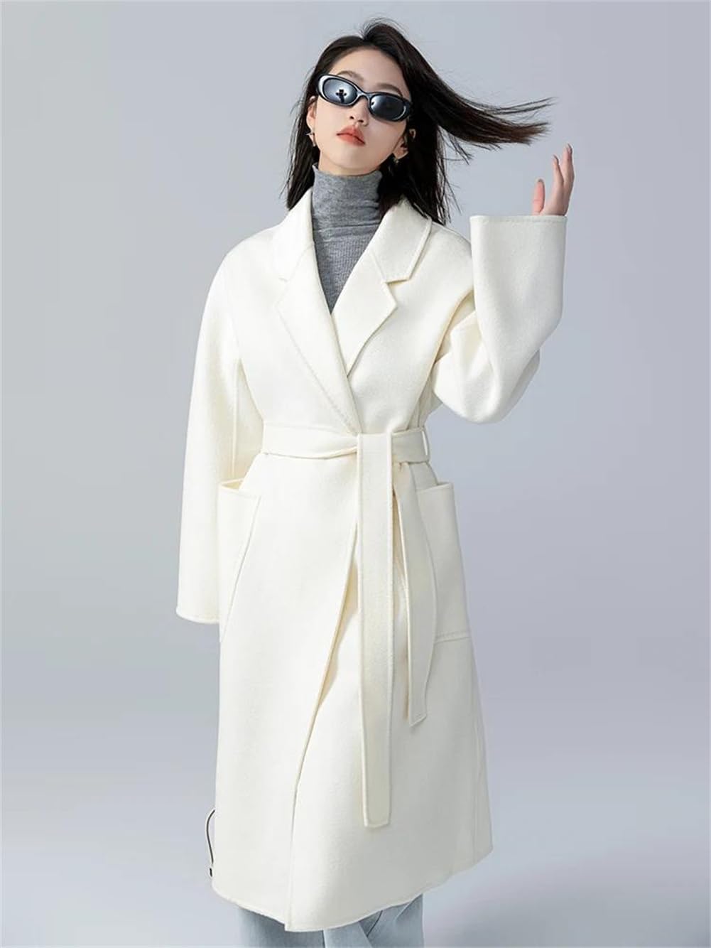 女性 100% ウールウォーターリップルロングオーバーコートノッチドラペル裏地なしコートオープンフロントベルト付きピーコート  ＜ｆｕ－ｕ＞ウール１００％ マイベーシックコート - ベルーナ【公式】