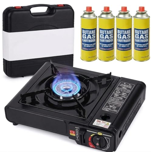 Portable Gas Cooker Stove with 4 Butane Canisters and Carry Case Lightweight Compact Outdoor Camping Stove Premium Burner Automatic Ignition (pack of 5)