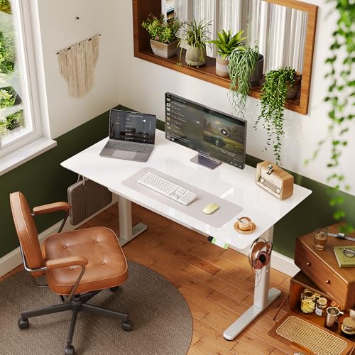 Image of INNOVAR Glass Standing Desk with Drawers 55x24 Inch Super White