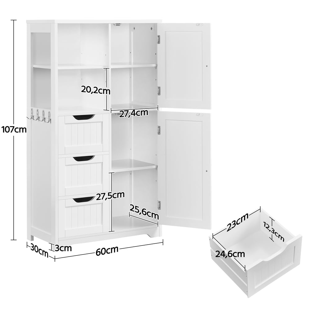 Yaheetech Mobile da Bagno Bianco Mobiletto da Terra con 3 Cassetti e Armadietto Mobile con Ganci Portaoggetti Armadietto Moderno 60 x 30 x 107 cm
