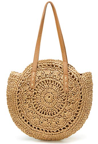 Straw Bag Round Summer Straw Large Woven Beach Bag Purse For Women Vocation Tote Handbags With Pom Poms - Image 3