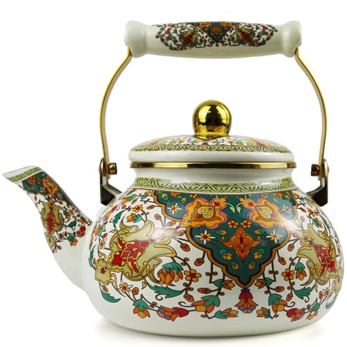 Vintage Enamel Tea Kettle with Porcelain Handle, 2.5L Stovetop Teapot