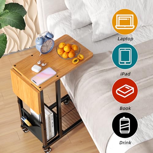 Image of Simple Trending C Shaped End Table, Folding TV Tray Couch Side Table for Sofa on Wheels, Black