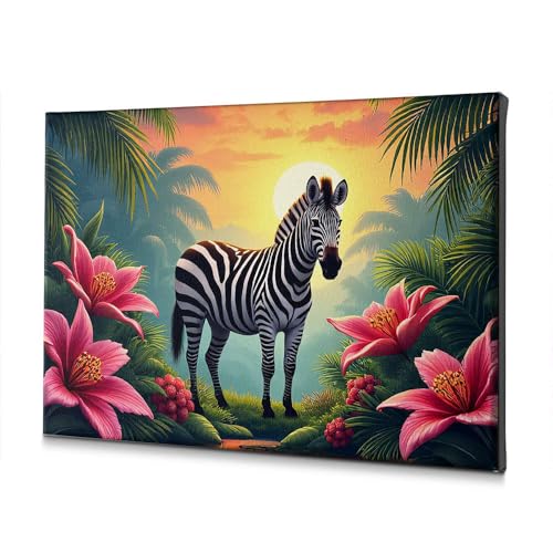 Toile zèbre dans un salon moderne déco murale jungle fleurie