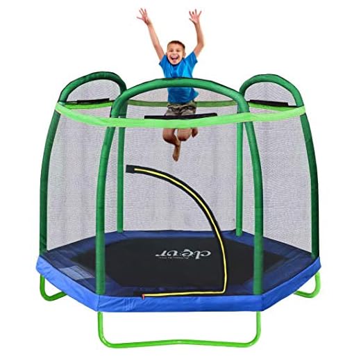 Clevr 7ft Kids Trampoline with Safety Enclosure Net & Spring Pad, Mini Indoor/Outdoor Round Bounce Jumper 84", Built-in Zipper Heavy Duty Steel Frame,Green/Blue