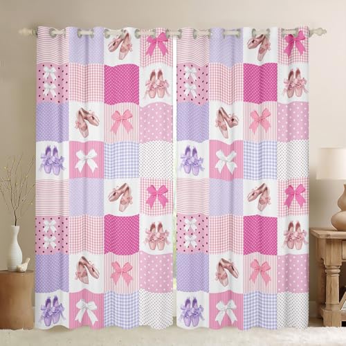 Homewish Pink Patchwork Blackout Curtains for Girls Pink Bowknot Curtains, Ballerina Ballet...
