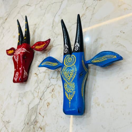 Image of SHREE 'O' GREEN TECH Wooden Cow Head Wall Hanging Handcrafted Bull Nandi Wall Decor Tribal Wooden Animal Face Sculpture for Living Room, Cafe, Home Entrance & Rustic Interior Decor (Set Of 2)
