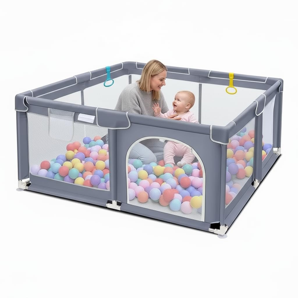 Baby playpen with Pull Handles and Storage Bag, Suitable for Indoor and Outdoor use, a Children's Activity Center, with a Door, Sturdy and Safe Baby (Playpen Only (No Anti-Slip Mat), Grey)