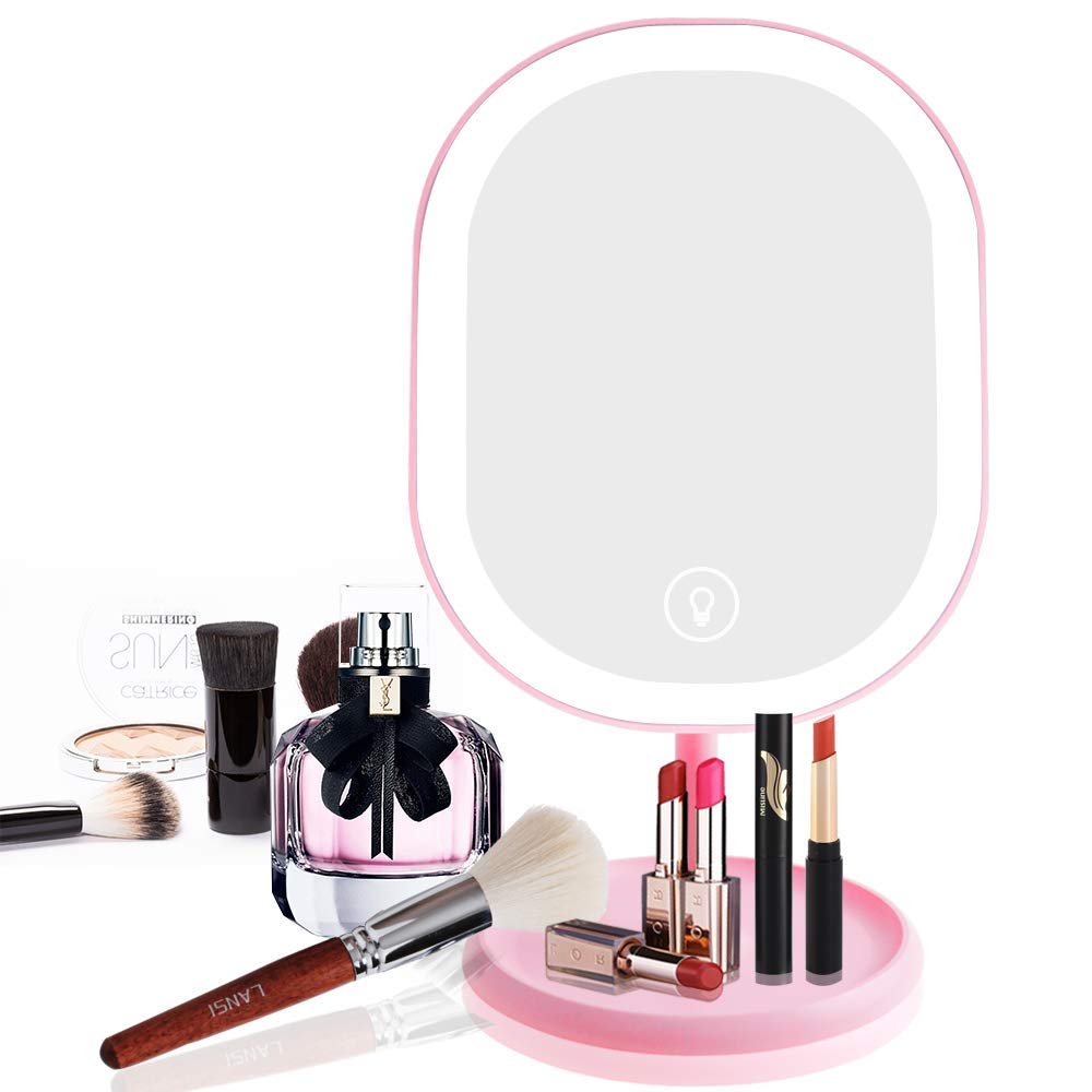 GYTF Lighted Makeup Mirror, Portable Desk Vanity Mirror with Lights,Brightness Adjustable & Built-in Large Capacity 1000mAh Rechargeable (Pink)