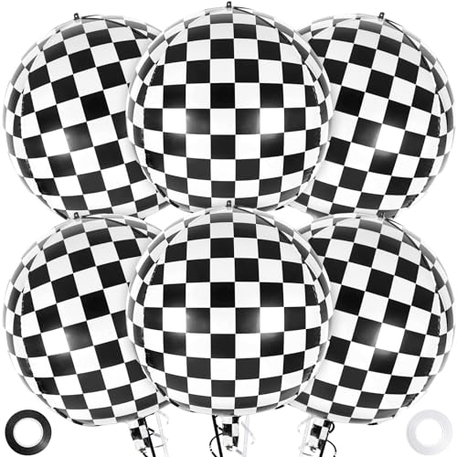Image of 6 Pcs 4D Checkered Balloons, 22 Inch Sphere Checkered Foil Balloons, Black and White Checkerboard Mylar Round Balloons for Race Car Birthday Party Decorations Supplies