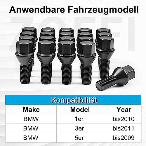 ZOFFI Schwarze Radschrauben M12x1,5 Ersatz für BMW 1er (bis 2010) 3er (bis 2011) 5er (bis 2009), 20 Stück Kegel 60° Kegelbund SW17 Schaftlänge 24mm