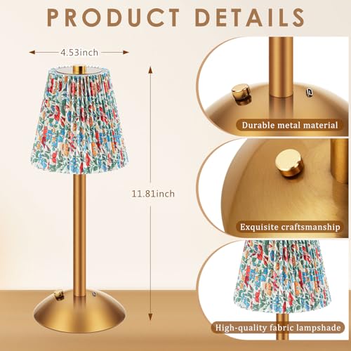 Image of Liliful 2 Pcs Cordless Table Lamp Rechargeable Touch LED Small Gold Portable Battery Operated USB-c Desk Lamp 3 Color Dimmable for Bedroom Living Room Dining (Gold,Floral Style)