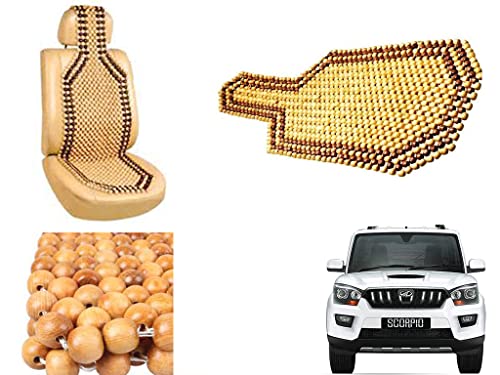 Image of Car Bead Seat Wooden Beads Cushion Cover Pad for Mahindra Scorpio New, Acupressure Sitting Seat Cover | Cream Color - Pack of 1