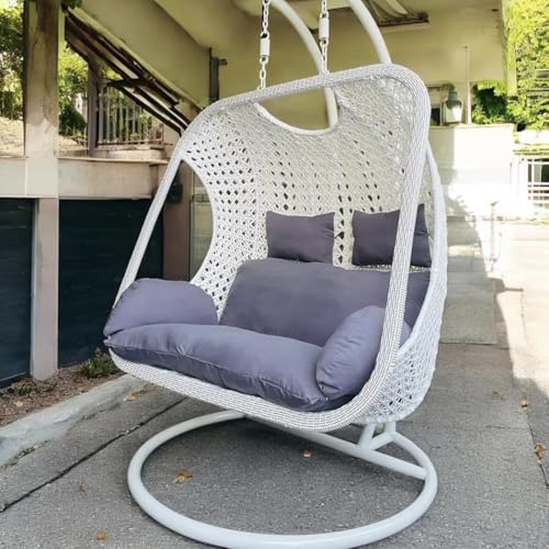 Image of Double Seater Hammock Swing Chair with Stand & Cushion | Heavy Duty Powder Coated Steel Frame | Outdoor Indoor Hanging Swing for Patio Balcony Garden Terrace Living Room (White-Light.Grey)