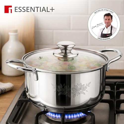 Image of Essential Plus by Bergner 4 Pcs Stainless Steel Cooking Pots Set - 16cm /1.6L Casserole with Glass Lid and 18cm /2.3L Casserole with Glass Lid, Less Oil Use, Healthy Cooking - Induction Bottom