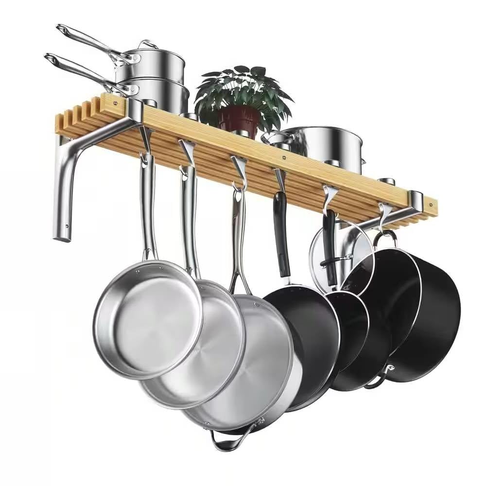 36-inch x 8-inch Wall Mounted Metal Wood Pot Rack with 6 Swivel Hooks New