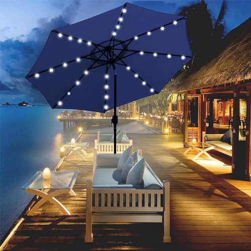 Image of Blissun 9 ft Solar Umbrella 32 LED Lighted Patio Umbrella Table Market Umbrella with Tilt and Crank Outdoor Umbrella for Garden, Deck, Backyard, Pool and Beach (Navy Blue)