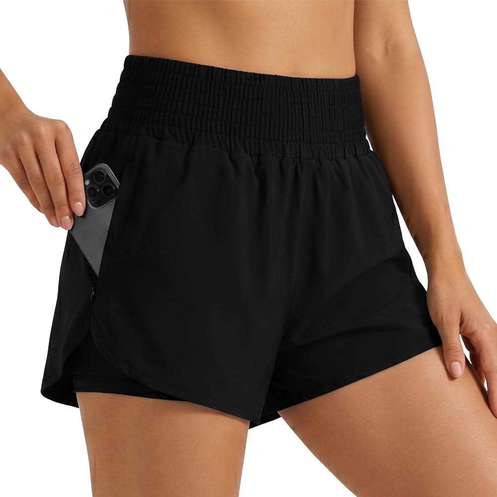 Aolso Shorts de Natación Mujer, Bikini Verano Short Pantalones Cortos, Shorts de Playa Secado Rapido con Bolsillos y Control de Abdomen para Playa Surf Vacaciones Deportes Acuáticos y Exterior-M/L