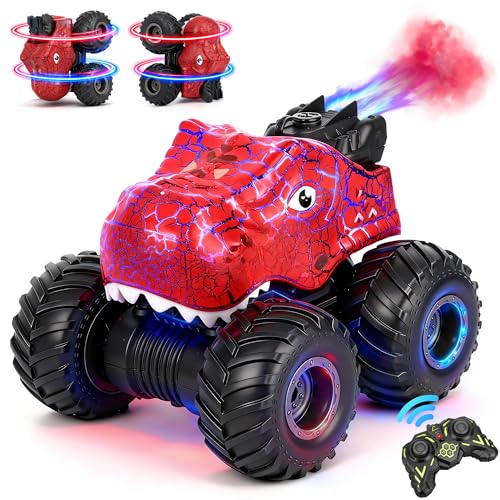Dinosaure Voiture Telecommandé Enfant, Monster Trucks Télécommandés Rotation à 360° avec Spray, LED et Sons, 2.4GHz RC Voiture Jouet Cadeau Garçon 3-7...