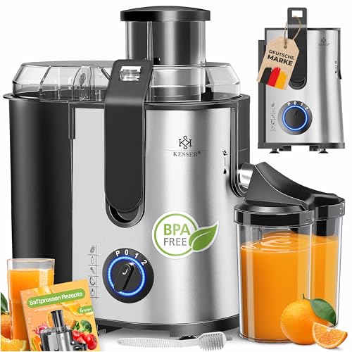 KESSER® Zentrifuge Entsafter für Obst | Gemüse aus Edelstahl 1100W, große Fütterungsröhre, 3 Stufen, Elektrische Zentrifugal Saftpresse Juicer + Bürste, Saftbehälter, Rezeptbuch, Silber/Schwarz KESSER® Zentrifuge Entsafter für Obst | Gemüse aus Edelstahl 1100W, große Fütterungsröhre, 3 Stufen, Elektrische Zentrifugal Saftpresse Juicer + Bürste, Saftbehälter, Rezeptbuch, Silber/Schwarz