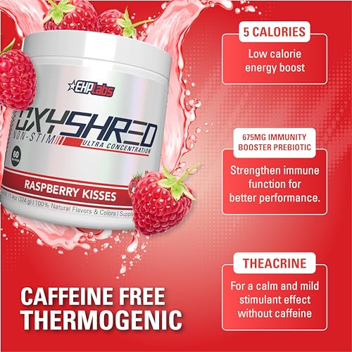 Image of EHP LABS OxyShred Non Stimulant Pre Workout Powder - Stim Free, Caffeine Free Preworkout for Men & Women - Non Stim Preworkout - Sugar Free Energy Powder - Raspberry, 60 Servings