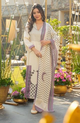 Image of Women's Muslin Geometric Wave Print Off White Straight Kurta & Pant Set with Dupatta | Shirt Collar V-Neck 3 /4 Bell Sleeve Crescent Print | Salwar Suit Set | Kurta Sets for Women
