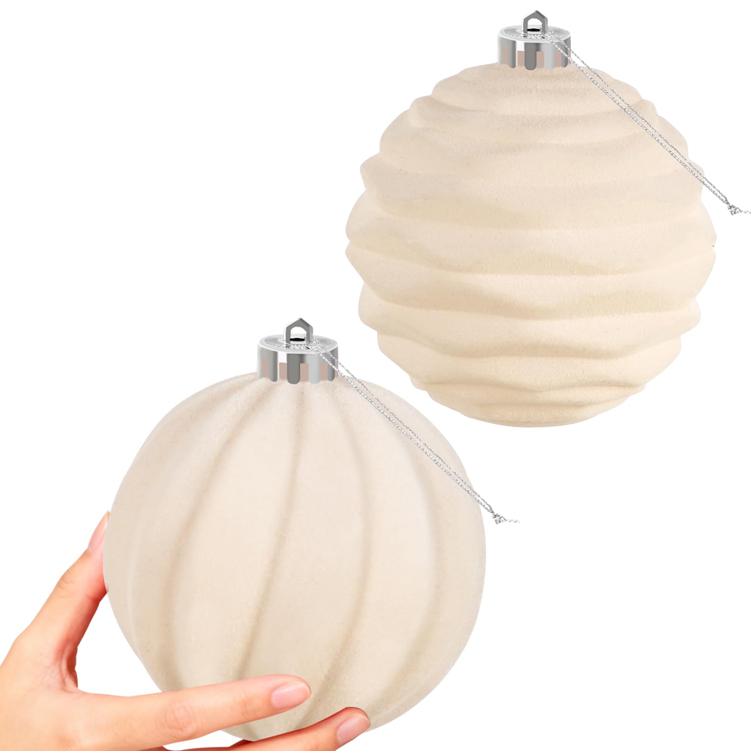 Miaikoe 2 PCS Large Velvet Christmas Balls Ornaments Shatterproof Hanging Set Flocked for Xmas Tree Holiday Party Decorations (Beige,15 CM)