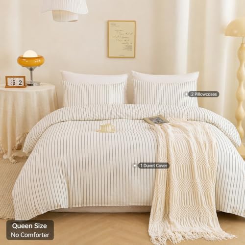 Image of ECOCOTT Stripe Duvet Cover Queen Size, 100% Washed Cotton Linen Feel Pinstripe Bedding Set - 3pcs Soft Breathable Vertical Striped Comforter Cover