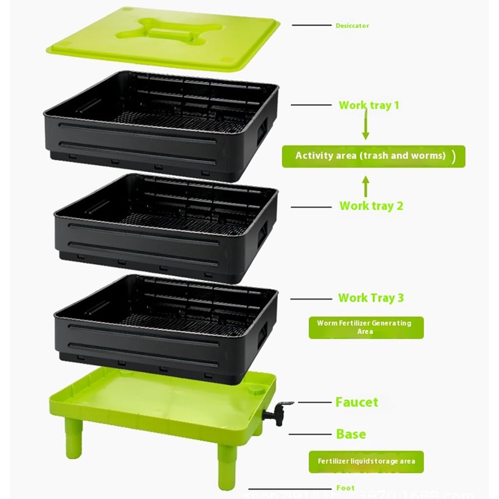 Lombricompostera de 3 niveles, caja para compostaje de jardín, ideal para restos de cocina. Duradera, resistente a la corrosión, fácil de limpiar.