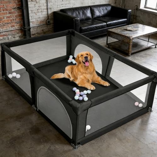 Parc pour Chiens et Chiots avec Porte et Ventouses en TPR, Enclos Intérieur en Tissu Oxford et Filet Nylon, pour Petits et Moyens Animaux (Noir, 180x120 cm)