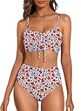 Herseas Women's Floral Print Bikini Sets Drawstring Front Ruched Top Sweetheart Neck Swimsuit Ruffle Trim Adjustable Straps 2 Piece Bathing Suit Fashionable Swim Outfits Bright Multicolor Floral Small