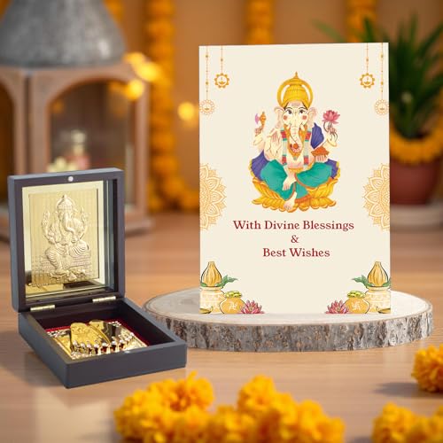 Image of GOLDEN PEACOCK Shri Ganesha Pooja Box with Divine Blessings Card - Spiritual Gift & Festive Decor
