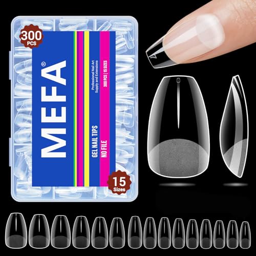 MEFA Uñas Postizas Almendra, 300 Pzs Transparentes Tips Uñas, 15 Tamaños Soft Gel Puntas de Uñas Cobertura Total, Uñas de Gel Nail Tips para Salones Uñas, Corto Almendra