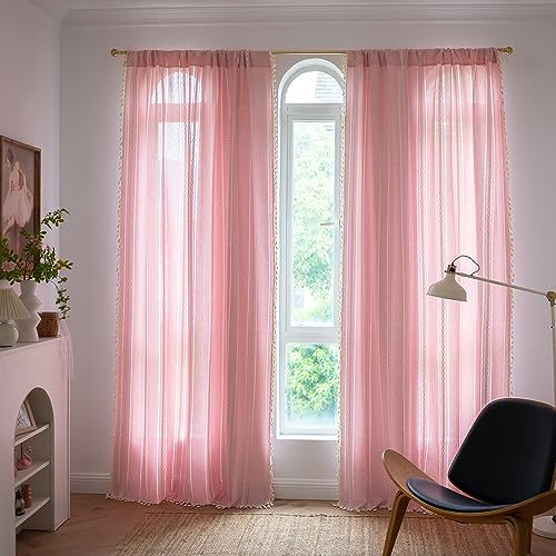 Bclbuste TWZD-CT05 Linen Boho Curtains Cute Embroidered Pink Curtains For Girls Bedroom Nursery Room 84 Inches Long 2 Panels Light Filtering Farmhouse Curtains thumb #7