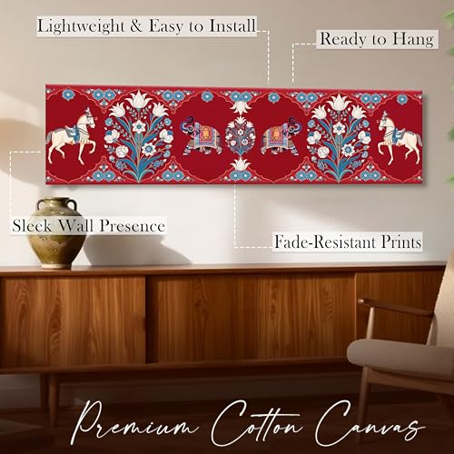 Image of Mughal folk Art Vibe Flower Canvas Wall Art Painting For Living Room, Mughal-Inspired Elephant & Horse Painting Red Traditional Floral Ethnic Wall Art For Home & Office Decor - 13x47 Inch