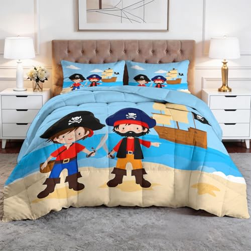 Edredón de 135 x 200 cm Náutico para todo el año, sin funda, diseño de dibujos animados, playa, pirata, velero, color azul cielo, reversible, lavable y suave