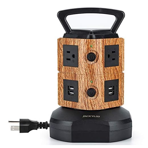 JACKYLED Power Strip Tower Surge Protector 6 AC Outlets and 4 USB Ports with 6.5ft Heavy Duty Extension Cord Electric Charging Station for Home Office Dorm Laptop Computer Black Light Walnut