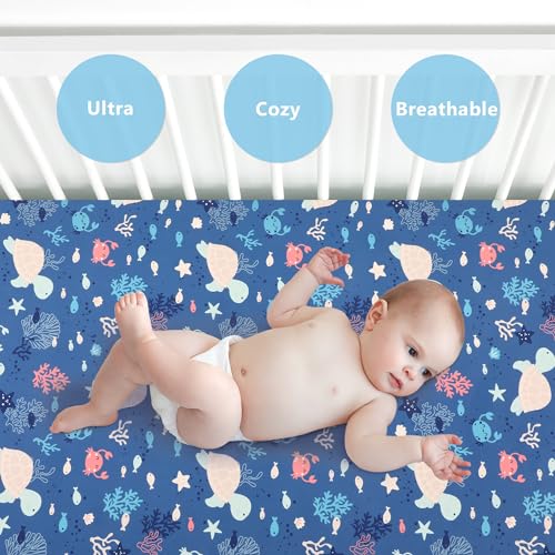 Tillyou Baby Crib Sheets For Boys Girls, Fitted Crib Sheet 2 Pack For Standard Crib And Toddler Mattresses, Super Soft Toddler Bed Sheets, 28"X52"X8",Beach Time Turtle&Lake Blue thumb #4
