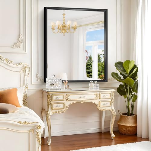 Image of Bathroom Mirror, 42 x 36 Inch Brushed Black Rectangle Mirror, 0.6 inch Thickened Deep Frame Mirrors for Wall Over Sink, Shatterproof Tempered Glass, Antirust, Horizontally or Vertically