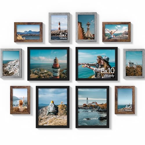 Image of Vittanly 12 Pack Picture Frames Collage Wall Decor for Mounting or Tabletop Display, Gallery Wall Frame Set for Family, Multi Sizes Including 4pcs 8x10, 4pcs 5x7, 4pcs 4x6, Black, Brown and Grey