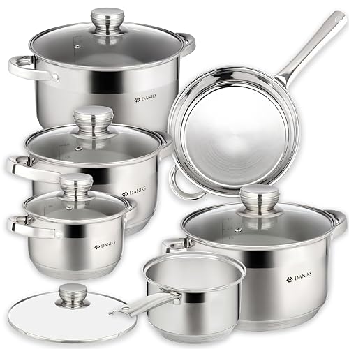 Daniks Standard 11 Piezas Juego de Ollas 16/18/20/24 cm de Acero Inoxidable con Tapas de Vidrio, Inducción, Escala de Medición, Cacerola, Sartén 22 cm, Plata