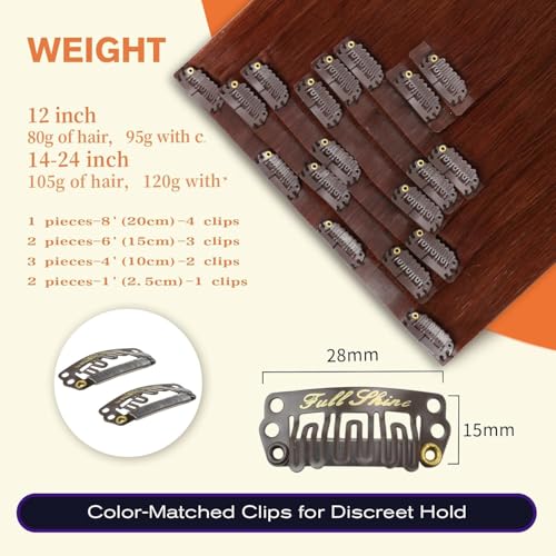 Image of Full Shine Seamless Clip in Hair Extensions Human Hair, Copper Mahogany | 24 Inch 120g 8 Pcs, PU Skin Invisible Weft, Ultra-Long Full Volume for Luxury Long Hair Styling, Adds Thickness, Secure Hold