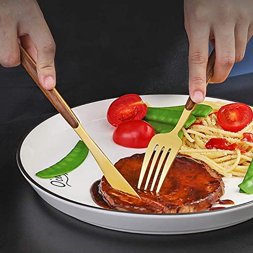 Image of Gold Flatware Matte Wooden Handle Stainless Steel Tableware Sets for 3 Including Forks Spoons Knives, Camping Silverware Travel Utensils Set Cutlery(Gold, Set of 15)